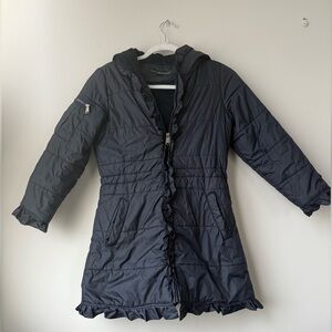 Girls Via Spiga Winter Hooded Puffer Coat with Ruffles in Navy - Size M